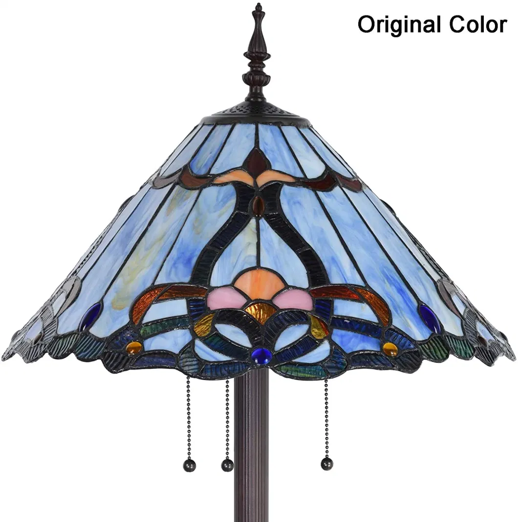 Bieye Baroque Tiffany Style Stained Glass Floor Lamp with 18 Inch Wide Blue Shade for Reading Working Bedroom Living Room, 3 Lights, 63 Inch Tall