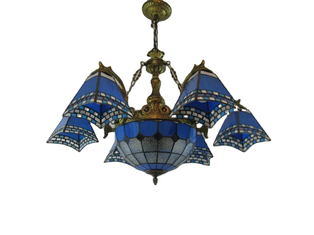 Vintage Tiffany Handmade Art Stained Glass 5 Head 6 Inch Dovetail Chandelier Tiffany Chandelier